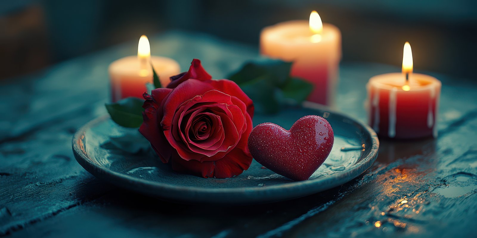 Candles, rose, and heart decoration create romantic atmosphere for special occasions and intimate moments